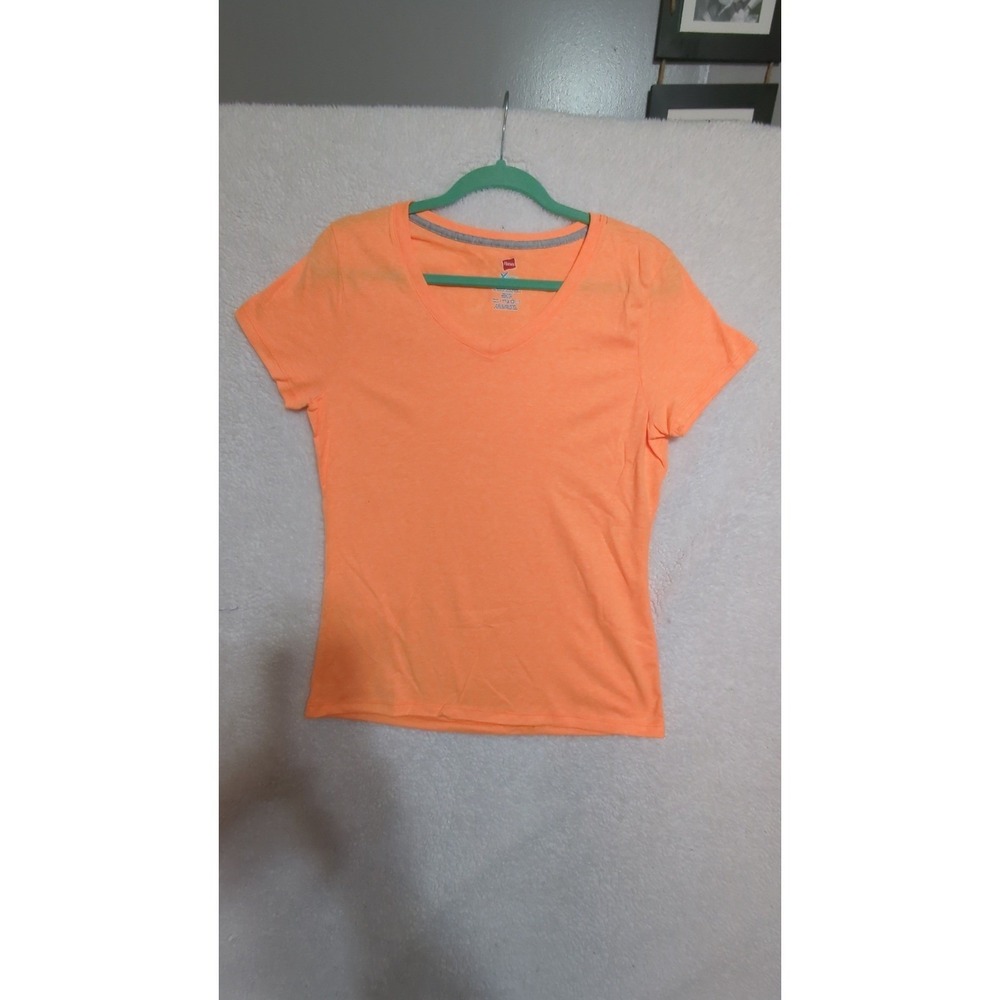 Womens‎ Neon orange Med  V neck short sleeve cotton blend shirt